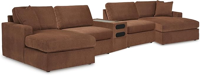 Signature Design by Ashley Casual Modmax Stain Resistant U-Shape Symmetrical 5 Piece Sectional with Audio Console and Reversible Cushion, Orange