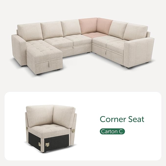 HONBAY Modular Sectional Sleeper Sofa with Pull Out Bed, Corner Seat for Sectional Couch, Beige