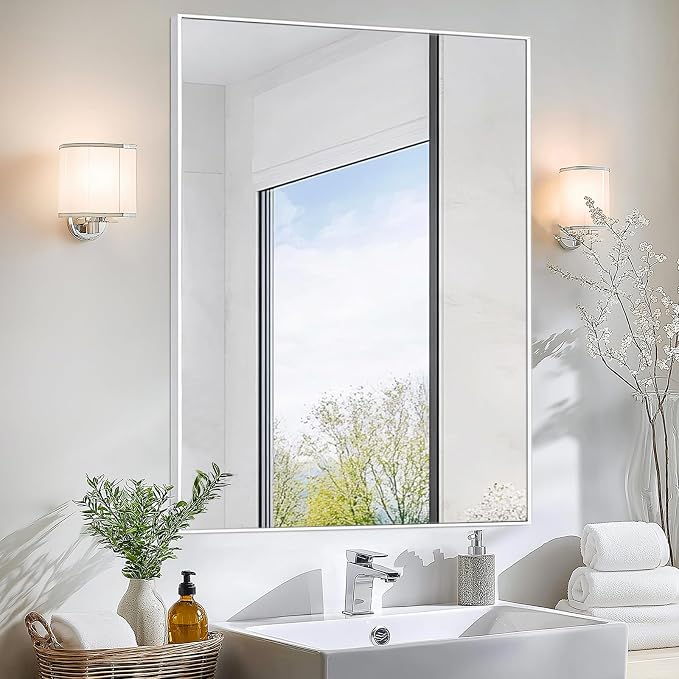 Sunniry White Bathroom Mirror, Bathroom Mirrors for Over Sink 24x36 inch, Rectangle Mirrors with Aluminum Metal Frame for Wall Décor, Living Room, Entryway, Bedroom. by Sunniry