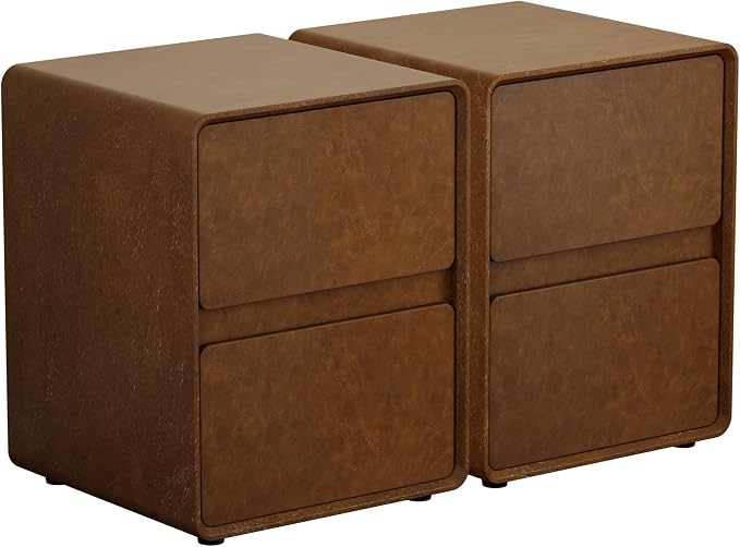 15.8" W Leather Narrow Nightstand Set of 2, Modern Fully-Assembled Bedside Table with 2 Drawers, Night Stand Small End Table & Side Table for Bedroom, Brown by HOCAT