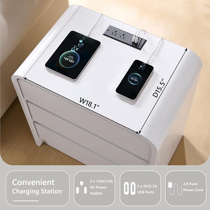 Aitjunz 25" Tall Modern Nightstand with Charging Station, 23.6'' Wide Wood Bedside Table w/3 Storage Drawers, Small Dresser w/Curved Profile Design, End Table for Bedroom, White - Image 3