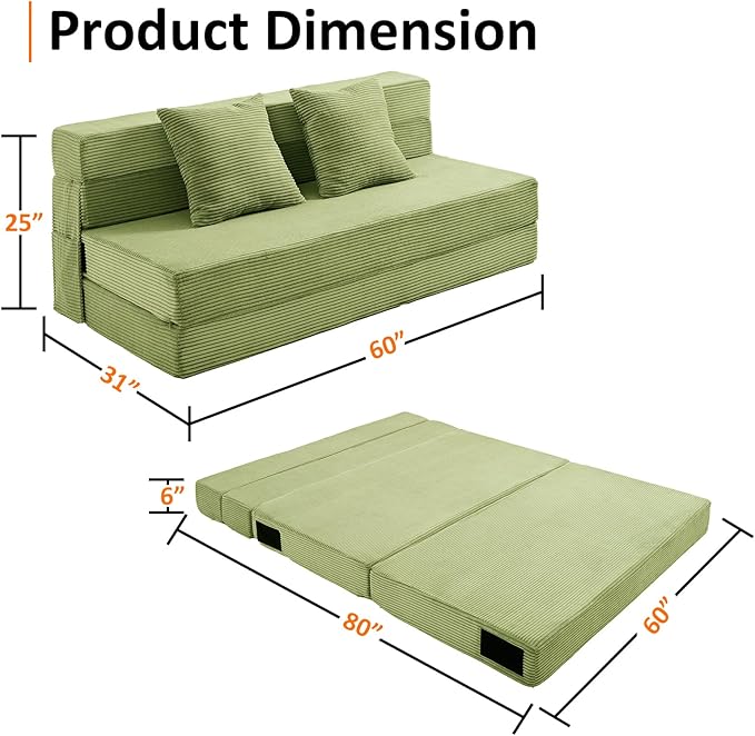 Queen Size Folding Sofa Bed - 4 in 1 Convertible Sleeper Chair with Two Pillows - High Density Memory Foam Futon Couch - Foldable Bed for Living Room Bedroom (Green)
