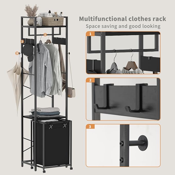 Coat Rack with Laundry Basket, Laundry Hamper Freestanding Hall Tree, Clothes Rack with Storage Shelves, 14.5 Gal Removable Bags on Wheels, Black JLH005B - Image 5
