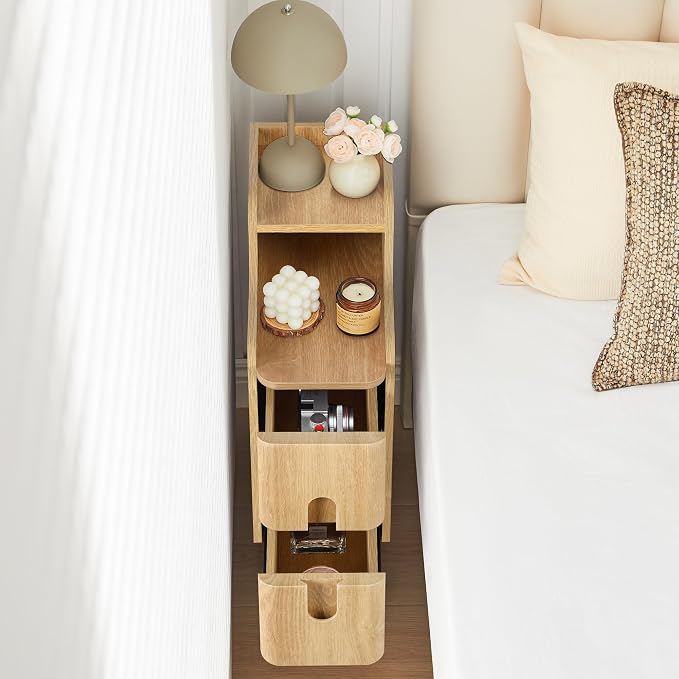 Small Nightstand Set of 2, Wood 2 Drawer Narrow Nightstand, Slim Side Table, Modern Skinny End Bedside Table, Natural Wood Night Stand with Drawers for Bedroom (Natural-2 pcs) - Image 5
