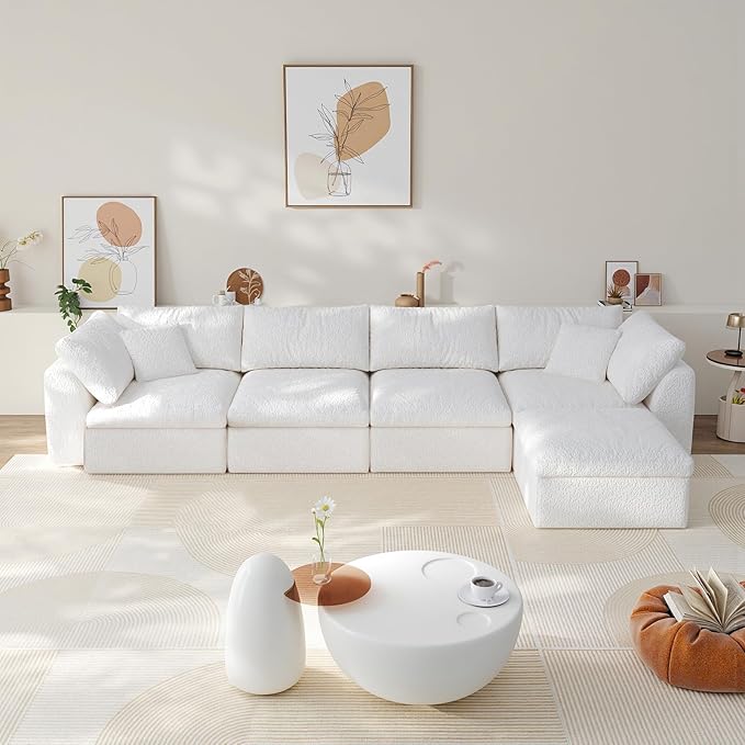 138" Modular Sectional Sofa Boneless Cloud Couch for Living Room, L Shape Deep Seat Recliner Sofa with Ottoman, Adjustable Backrest & 2 Throw Pillows - Covers Washable, (White, 4 Seater+1 Ottoman)