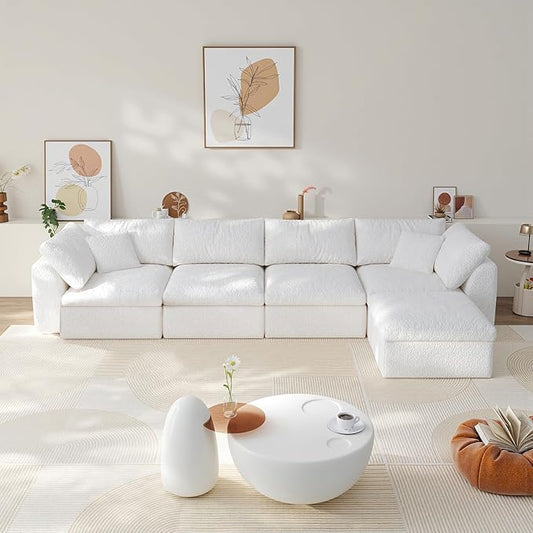 138" Modular Sectional Sofa Boneless Cloud Couch for Living Room, L Shape Deep Seat Recliner Sofa with Ottoman, Adjustable Backrest & 2 Throw Pillows - Covers Washable, (White, 4 Seater+1 Ottoman)
