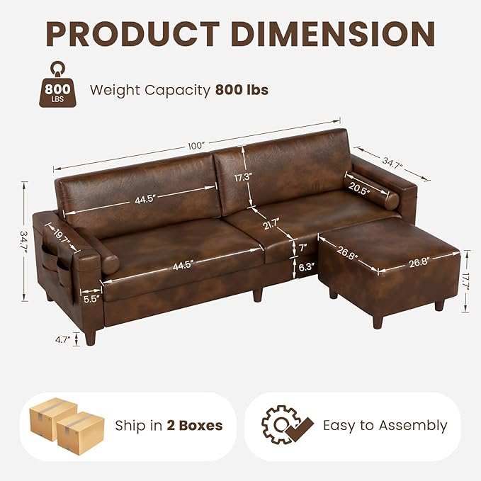 Vesgantti 100" PU Faux Leather Couch with Movable Ottoman, Large 2 Seater L Shaped Leather Sectional Sofa with Side Pocket, Comfy Mid Century Modern Modular Sofa for Living Room, Apartment, Cocoa