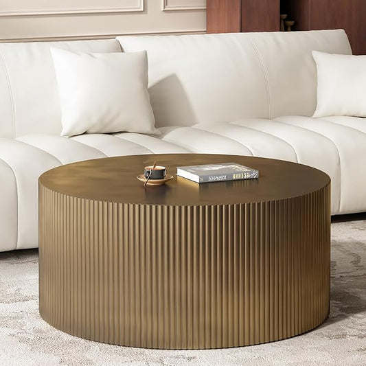 35.83" Gold Round Coffee Table, Minimalist Wave Stripe Modern Round Table, Drum Circle Coffee Tables for Living Room,Office Apartment,Gold