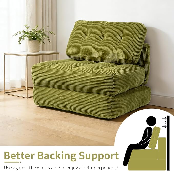 Art3d Folding Sofa Bed, Convertible Sleeper Sofa Bed with Pilow & Back Support, 3 in 1 Long Futon Boneless Couch, Comfy Floor Couch for Living Room, Bedroom, Grass Green