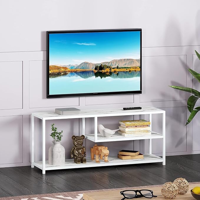 Function Home TV Stand for TVs up to 55 Inch, 3 Tier Entertainment Center, Media Console with Open Storage Shelves for Living Room Bedroom, 47” Modern TV Table with Wood Top White Metal Legs - Image 9