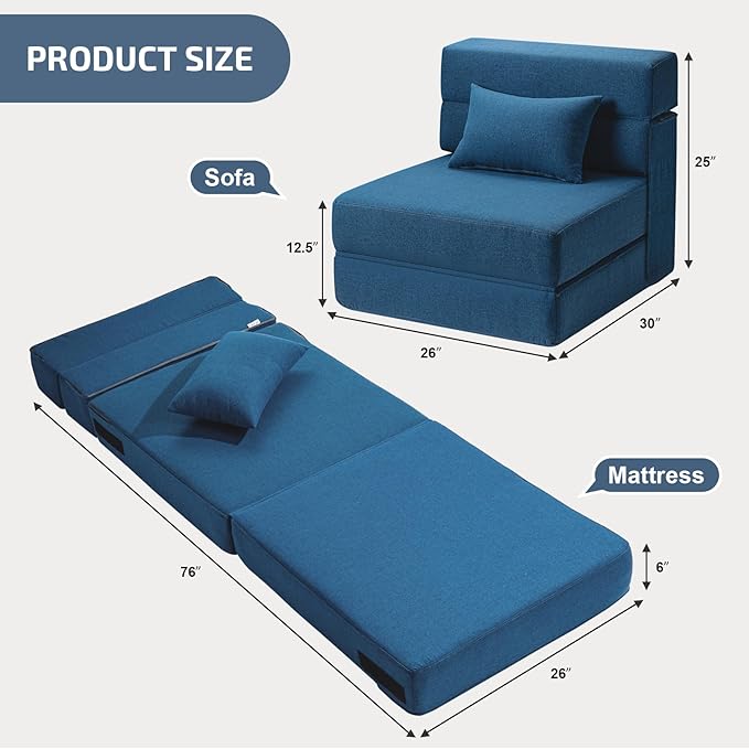 Folding Sofa Bed with Pillow- Convertible Chair Floor Couch & Sleeping Mattress, Foldable Memory Foam Sleeper for Living Room/Dorm/Guest Room/HomeOfice/Apartment/Loft, Single26 Width, Indigo