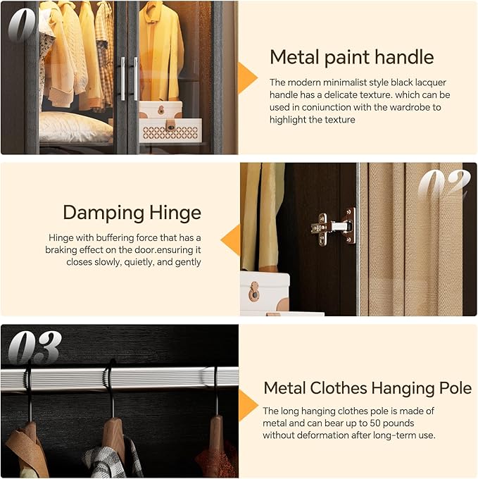 PAKASEPT Armoire Wardrobe Closet Door and Drawers, Bedroom Closet Wardrobe Cabinet with Hanging Rod, Lighted Freestanding Armoire Storage Cabinet for Bedroom Cloakroom (Black)