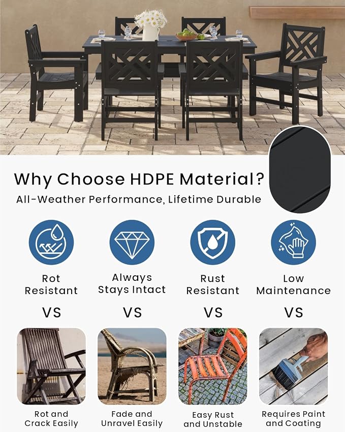 7-Piece Outdoor Dining Set, HDPE All-Weather Patio Table and Chairs Set for 6, Outdoor Patio Furniture Sets with Umbrella Hole for Outside, Deck, Backyard, Garden (Black) - Image 3