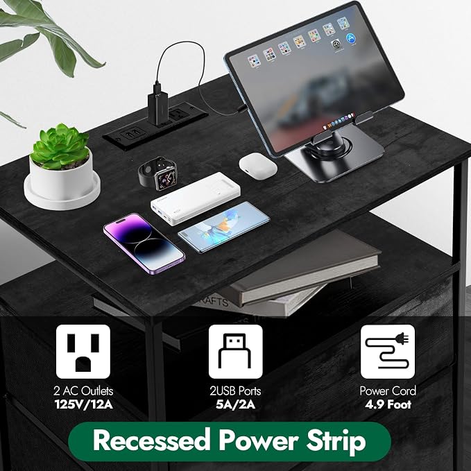 3 Drawers Dresser with Charging Station, 24 Inch Wide LED Night Stand Set 2 with Adjustable Fabric Drawer, Nightstand with Storage Shelf for Living Room/Bedroom/Office, Black. - Image 6