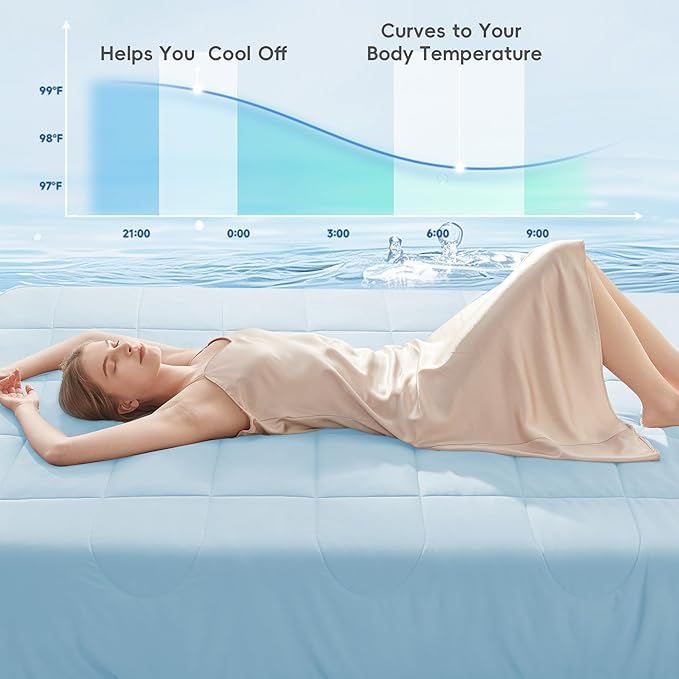 HYLEORY Cooling Comforter King Size - Summer Cooling Blanket for Hot Sleepers/Night Sweats, Double-Sided Cold Touch Silky Ice Comforters, Breathable Lightweight Beddings, Cool Blue, 108"x90"