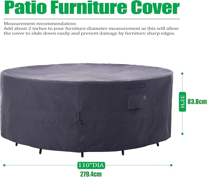 F&J Outdoors Patio Furniture Covers, Heavy Duty Tear Resistant Waterproof UV Resistant Windproof Large Furniture Cover, Grey, 110" Dia x 33" H - Image 2