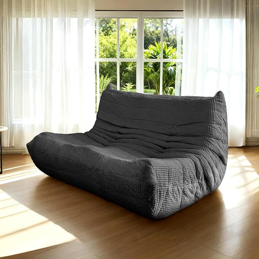 Fireside Loveseat Mid-Century Armless Sofa — Twin-Size Floor Lounger in Soft Premium Corduroy, Foam-Filled Accent Chair for Living Room or Bedroom (Black, Two Seater)