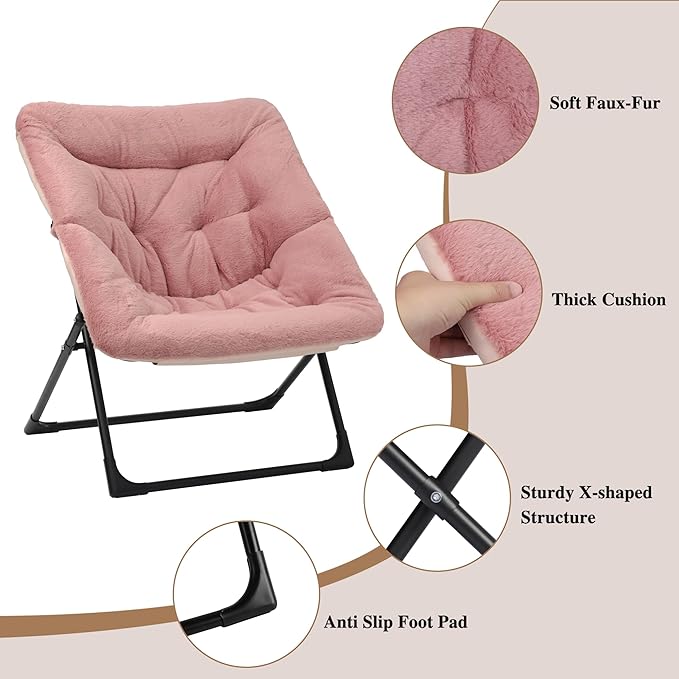 Comfy Saucer Chair for Adults, Soft Faux Fur Bedroom Chair, Accent Dorm Chairs, Flexible Living Room Reading Chairs, Oversized Folding Seat for Teens, X-Large, Dusky Pink