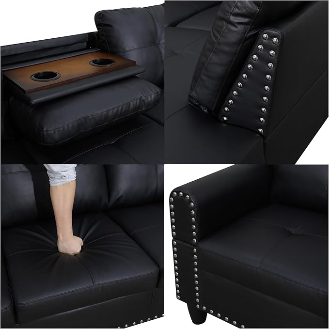 Sectional Couches for Living Room, Convertible 4 Seat Modular Sectional Sofa Set for Living Room, L Shaped Couch or U Shaped Couch with Storage Ottoman for Apartment, Leather Black