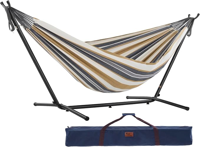 Vivere Double Cotton Hammock with Space Saving Steel Stand, Upgraded Polyester End Strings 450 lb Capacity - Premium Carry Bag Included (Desert Moon) by Vivere