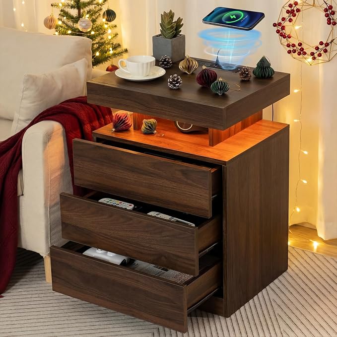 HOMMPA LED Nightstand with Wireless Charging Station, Modern Bedside Table, 3 Drawer Walnut Wood Night Stand with Open Compartment, Smart Nightstand High Gloss Surface for Bedroom - Image 8