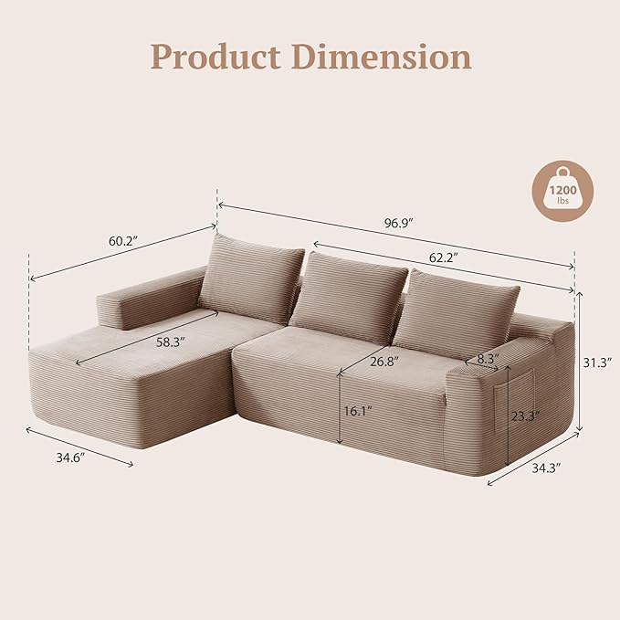 97inch Boneless L-Shaped Sectional Sofa with Throw Pillow & Side Pockets- No Assembly Compressed Modular Couch, Memory Foam, Deep Seat for Living Room, Bedroom, Apartment Camel Left