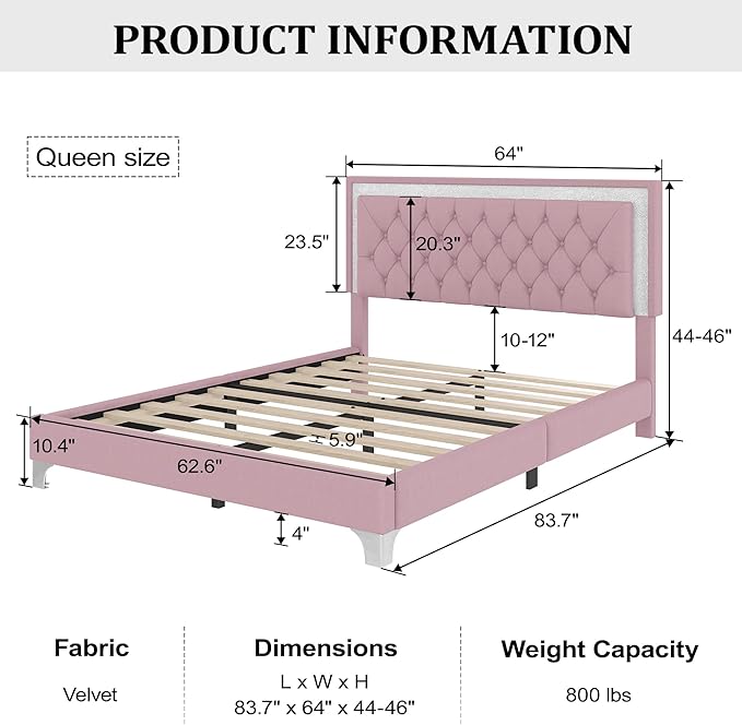 Harper & Bright Designs 3-Piece Queen Bedroom Set, Upholstered Platform Bed with LED Lights and 2 Nightstands, Modern Pink Bedroom Furniture
