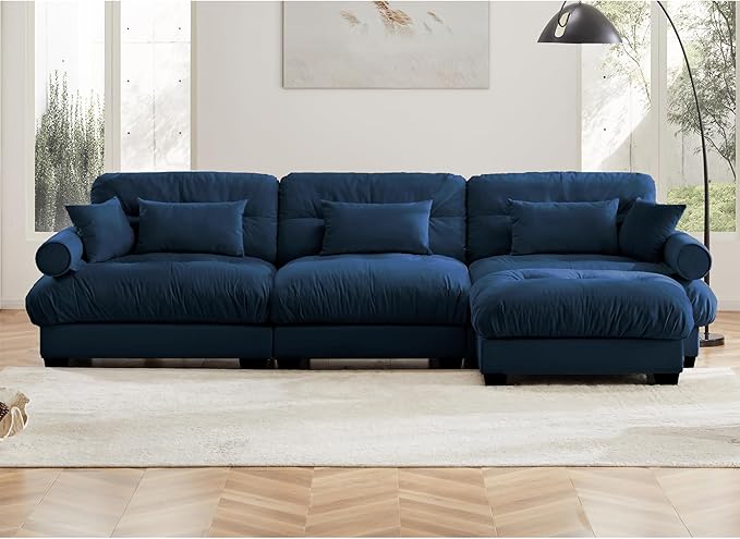 KEIKI 130" L-Shaped Oversized Velvet Modular Sectional Sofa with 1 Ottoman, High-Density Foam Cushions and Bolstered Armrests, Upholstered 3-Seater Cloud Couch with 5 Pillow, for Living Room, Blue