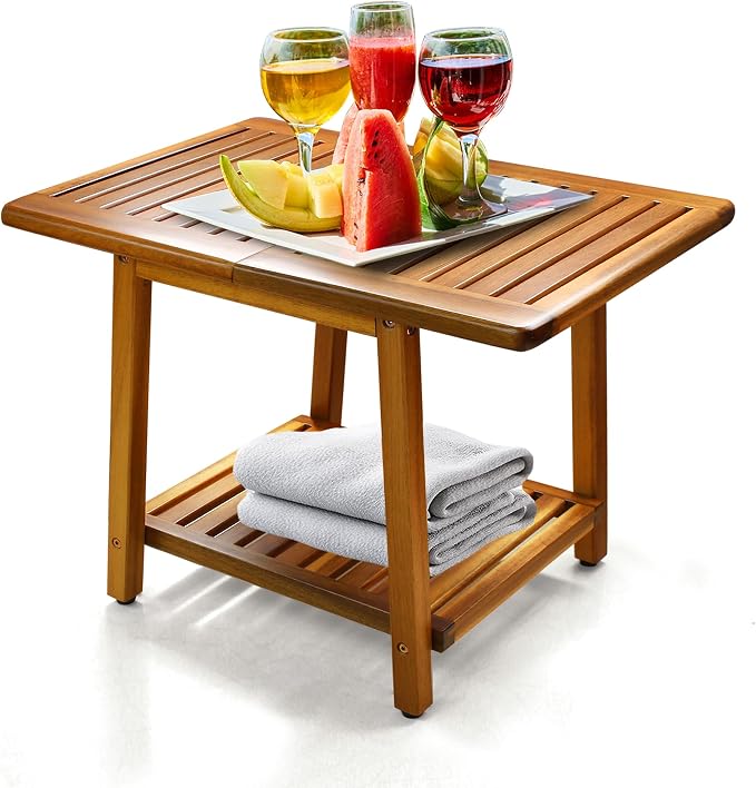 ENKEZI Acacia 24 Inches Outdoor Side Table, 2-Tier Sturdy Patio, End Table Weather Resistant, Strong Stability Side Table for Patio, Pool, Porch, Teak Finish (Large) by ENKEZIProducts
