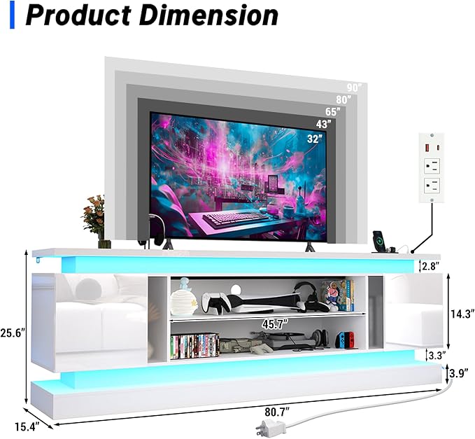 chartustriable 81IN LED TV Stands w/Power Outlet for 90/80/75 Inch TVs,High Glossy Modern Tall Entertainment Center TV Media Console Gaming with 2 Storage Cabinets,Dual LED Lights,White - Image 2