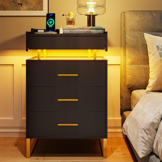 BTHFST LED Nightstand with Charging Station, Night Stand with 3 Drawers and 1 Pull-Out Tray, End Side Table with Storage, Bedside Table with LED Lights & Metal Legs, Black and Gold - Image 3