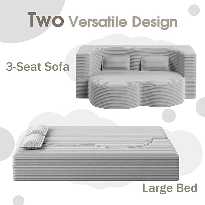 78" Convertible Sofa Bed, 2-in-1 Folding Floor Couch with 2 Pillows, Sleeper Sofa for Living Room and Bedroom, No Assembly Required (Light Grey, Corduroy Fabric)