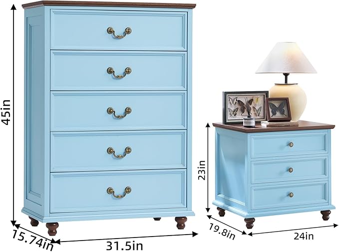 Joaxswe 24" Wide Farmhouse Nightstand Set of 2, 45" Tall Rustic Chests of 5 Drawers w/ 4 Solid Wood Feet, Farmhouse Furniture Series for Living Room,Bedroom,LightBlue