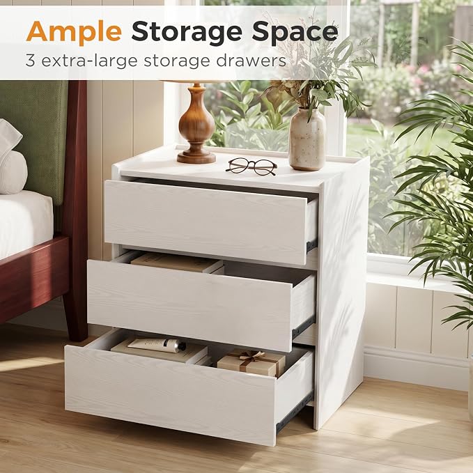 Nightstand with 3 Drawers, Bedside Table Night Stand with Spacious Storage Cabinet,Solid Wood Small Dresser for Bedroom Living, White, 23.6" W x 15.6" D x 25.2" - Image 4