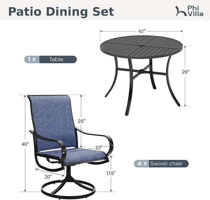PHI VILLA 5 Piece Patio Dining Set with 4 Outdoor Swivel Dining Chairs & 1 Large Round Dining Table, All Weather Blue Textilene Mesh Fabric Chair and Round Metal Table for Deck Lawn Garden - Image 9