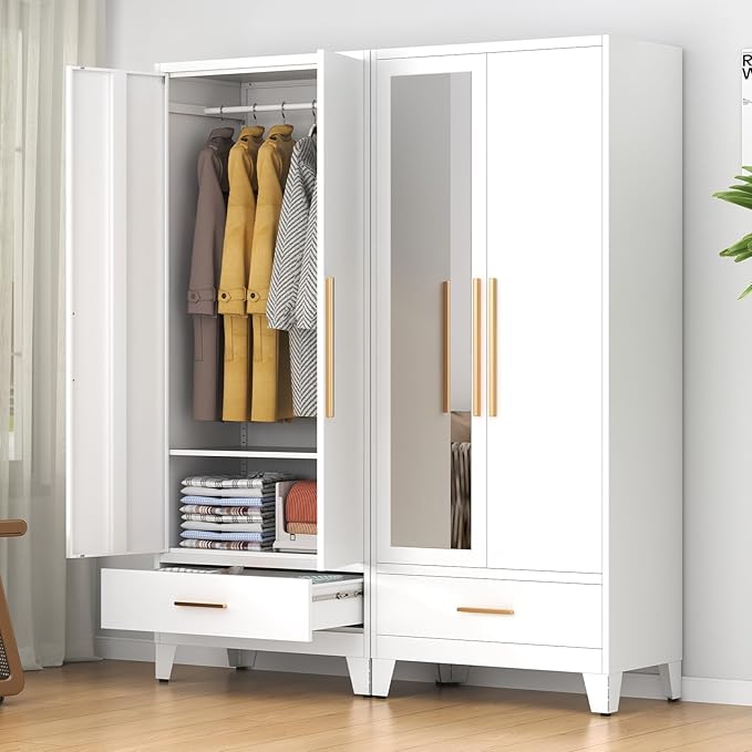 75.3" Tall Metal Armoire Wardrobe Closet with Mirror Doors and Drawer, Adjustable Hanging Rod and Adjustable Shelf, Freestanding Storage Cabinet Organizer for Bedroom, Office, Laundry Room, White