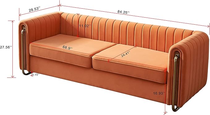 KEIKI 84" Velvet Deep Channel Tufted Sofa with Back Cushions and Rolled Arms, Modern Style 3-Seater Couch with Golden Polished Steel Legs, Easy Assembly, for Living Room, Bedroom, Office, Orange