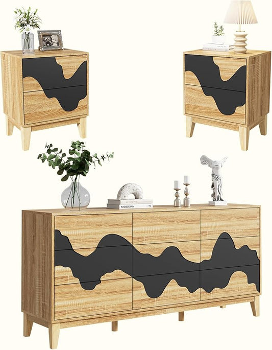 Anbuy Bedroom Sets 3 Pieces Bedroom Furniture Set Water Stream 9 Drawer Dresser and Night Stand Sets, Two Drawers Nightstand Set of 2 & 9 Drawer Dresser Combo (Natural)