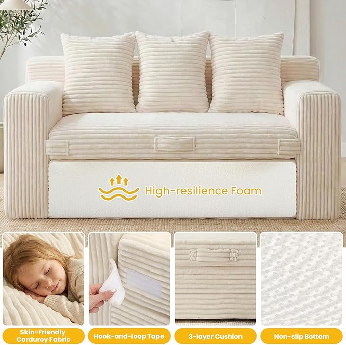 Boneless Couch Sleeper Sofa Bed: 3-in-1 Convertible Sofa Bed with Side Pockets & Handle,Pull Out Couch with 3 Pillows,Folding Futon for Small Space,Living Room & Bedroom