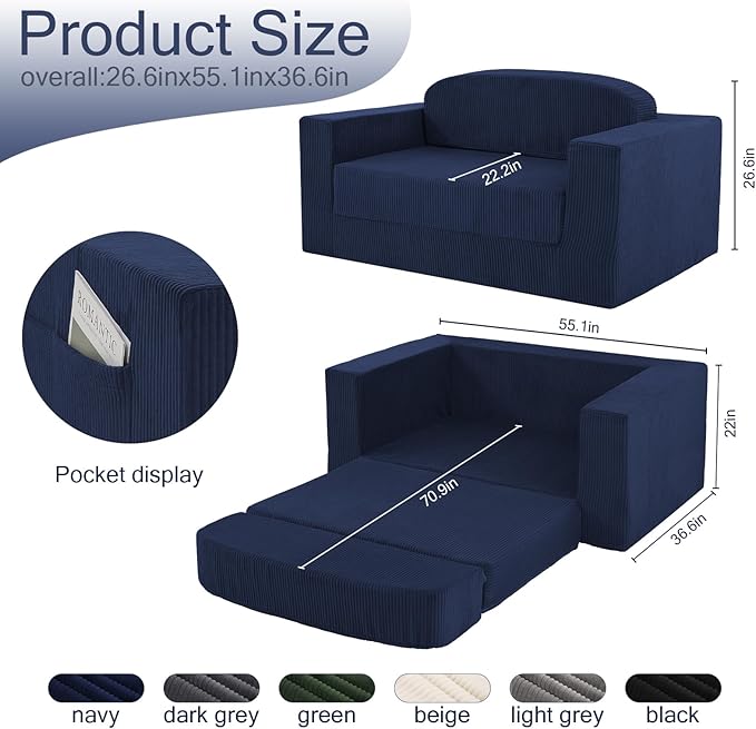 MeMoreCool Boneless Corduroy Loveseat & Sleeper – 2-in-1 Fold-Out Futon Couch Bed with High-Density Foam, Removable Washable Cover for Apartments, Guest Stays, Small Bedrooms