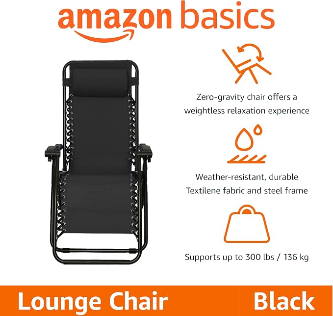 Amazon Basics Outdoor Patio Zero Gravity Portable Folding Reclining Lounge Chair with Padded Headrest Pillow, Weather Resistant Textilene, 26", Black - Image 4