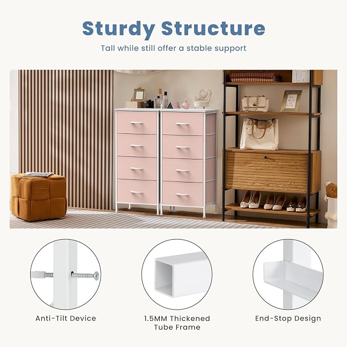 DUMOS Nightstand with 4 Drawers Bedside Table with Removable Fabric Bins Sturdy Steel Frame Wood Top Organizer Furniture for Bedroom Closet Living Room,Pink - Image 5