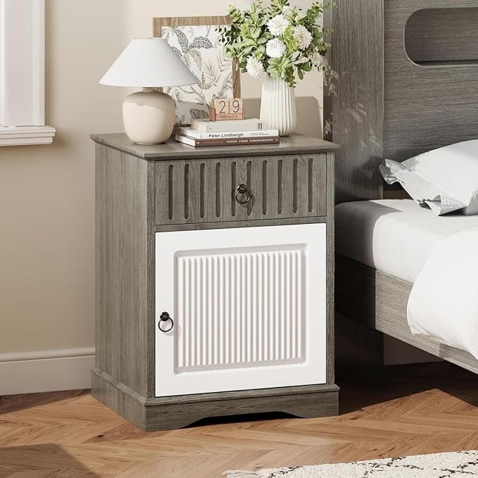 4ever2buy 18" Farmhouse Nightstand, Grey Night Stand with Storage, Wood End Table Bedside Table for Bedroom, Grey and White by 4ever2buy