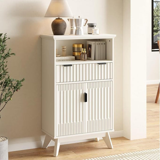 Fatmok Buffet Cabinet with Storage, 40" Modern Fluted Coffee Bar Cabinet with Drawer & Open Shelf, Wood Buffet Sideboard Console Table for Entryway, Kitchen, Living Room (White) by Fatmok