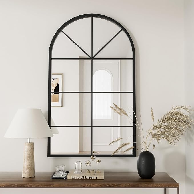 Rowjut Arched Wall Mirror Wall Decorative/Iron Framed Window Pane Mirrors,42" x 24" Window Mirror, Arched Top Wall Mirror for Entryway Living Room, Bedroom, Fireplace .(Deep Black) - Image 5