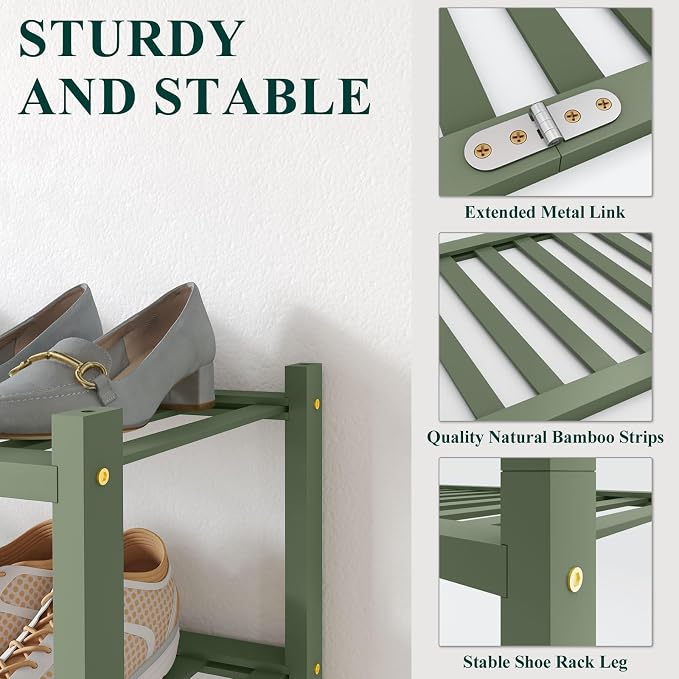 Smiry Bamboo Shoe Rack for Closet, 5 Tier Wooden Stackable Shoe Organizer, Free Standing Shoes Storage Shelf for Entryway, Front Door Entrance, Green - Image 3
