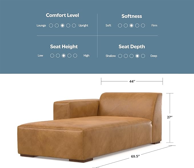 SIMPLIHOME Rex Left Chaise Sofa Module in Full-Grain Genuine Leather, Sienna, 44-inches W x 69.5-inches D, Handcrafted Modern-Style Left-Arm Chaise Lounge Chair for Living Room and Family Room