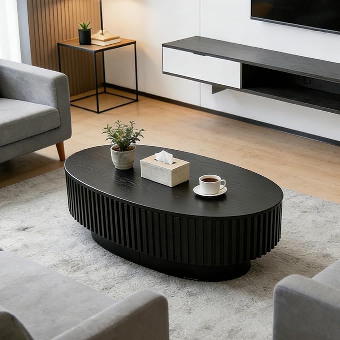 Oval Lift Top Coffee Table with Storage, Modern Drum Center Table with Hidden Compartment for Living Room, Lift Tabletop Fluted Minimalist Wood Dining Table for Home Office - Black
