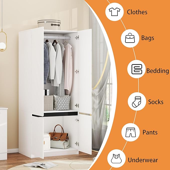 Armoire Wardrobe Closet with Doors: 75" White Large Wardrobe Closet with 6 Doors, Clothes Cabinets for Bedroom Armoires with Storage, Wood Wardrobes Closets for Hanging Clothes(C+C+C, 94.5")