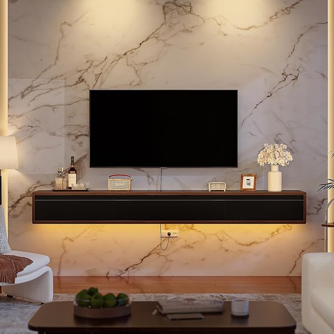 FurniNova Fully Assembled Floating TV Stand, Modern Plywood Media Console with 2 Drawers & 1 Flip Door, Wall Mounted Entertainment Center with High Gloss Finish & Round Edges, 55 inch, Walnut & Black - Image 3